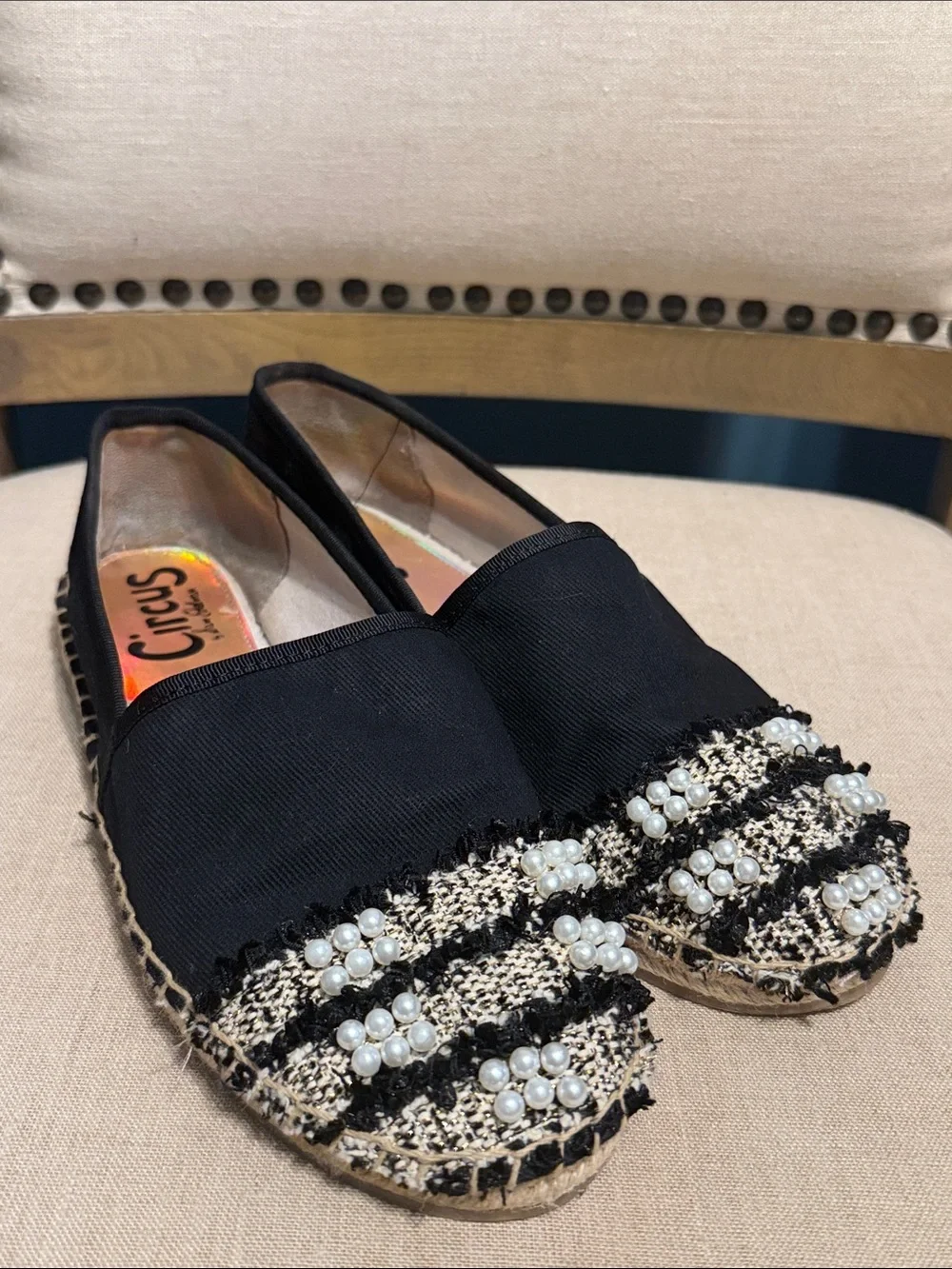 Circus by Sam Edelman Black and Cream Tweed Embellished Espadrille Flats Size 9